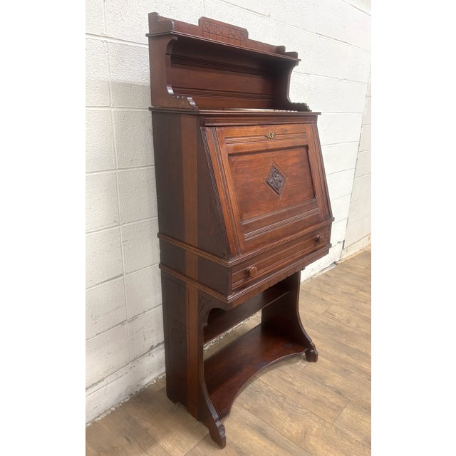 Victorian Antique Late 19th Century Victorian Walnut Drop Front Drop Lid Secretary Desk For Sale - Image 3 of 18