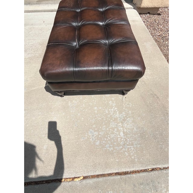 1990s Bernhardt Chesterfield Style Tufted Brown Leather Ottoman For Sale - Image 10 of 12