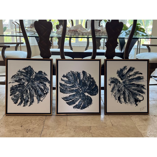 Coastal Chic Blue & White Monstera Canvas Trio, Designed by Cheryl P Kohloff Dimensions: 16”w x 20” h Color Palette: Cloud...