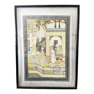 Large Framed Persian Indian Islamic Mughal 19th Century Palace Scene Painting on Silk For Sale