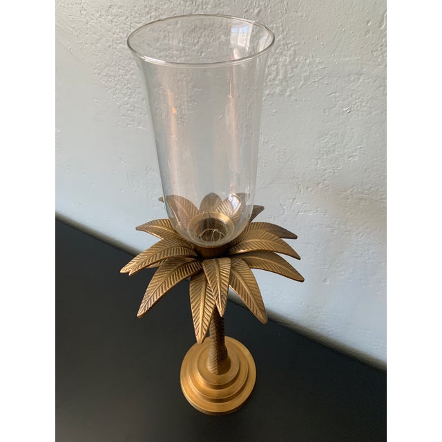 Hollywood Regency Mid 20th Century Large Brass Palm Taper Candle Holder With Glass Hurricane For Sale - Image 3 of 7