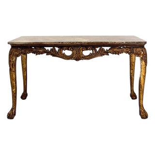 1990s Italian Style Giltwood Console Table With Marble Top, Carved Apron and Cabriole Legs For Sale