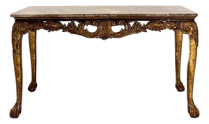 1990s Italian Style Giltwood Console Table With Marble Top, Carved Apron and Cabriole Legs