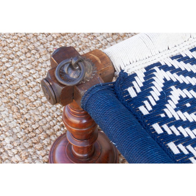 Wood Long Blue & White Woven Charpai Bench For Sale - Image 7 of 10