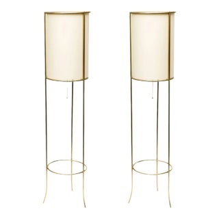 Tripod Brass Floor Lamps in the Manner of T.h. Robsjohn-gibbings - a Pair For Sale