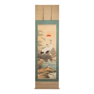 Early 20th C. Meiji to Early Showa Era Japanese Watercolor Scroll "Sunrise With Cranes and Turtles"