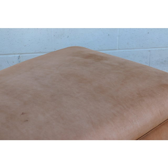 Oversized Vintage Ralph Lauren Tan Leather & Wood Ottoman With Bun Feet For Sale - Image 14 of 18
