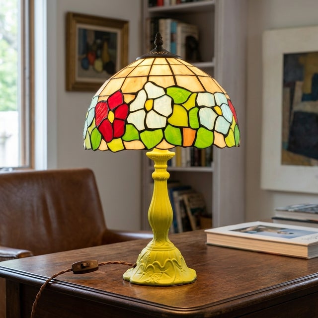 Late 20th Century Nitro-Chartreuse Floral Study Bespoke Tiffany Style Accent Lamp For Sale - Image 4 of 4