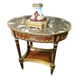 French Louis XVI Oval Coffee Table With Marble Top, Gilded Bronze Ormolu & Ornate Wood Details For Sale
