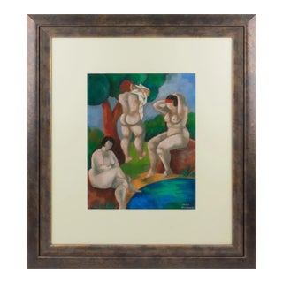 Nude Women Bathers Pastel Painting by Catherine Bres-Rhocanges, Late 20th Century For Sale