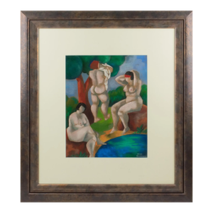 Nude Women Bathers Pastel Painting by Catherine Bres-Rhocanges, Late 20th Century