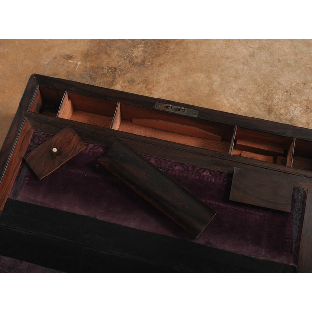 Vintage Brass Bound Campaign Writing Slope Lap Desk With Velvet Interior Storage Compartments Folding Travel Writing Box For Sale - Image 10 of 14