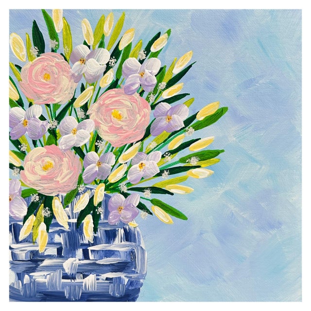 Bouquet in Blue & White Vase Acrylic Painting Floral Wall Art 8"x8" Unframed For Sale - Image 6 of 7