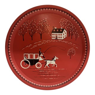 1950s Red Metal Tray W Folk Art For Sale