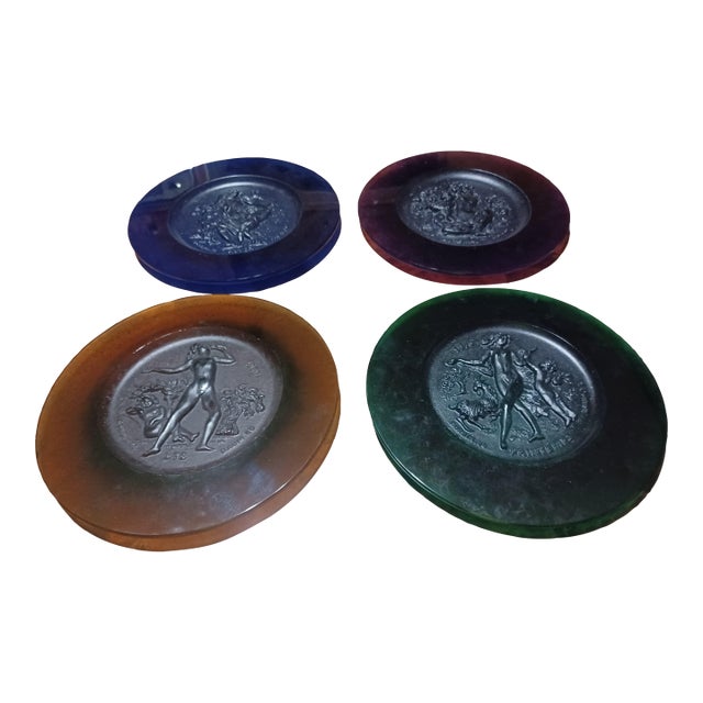 Rare 1969-1970 Daum France Pâte-De-Verre "Four Seasons" Plates by Raymond Corbin - Set of 4 1969-1970 Cobalt Blue/Amethyst Purple/Amber/Emerald Green For Sale