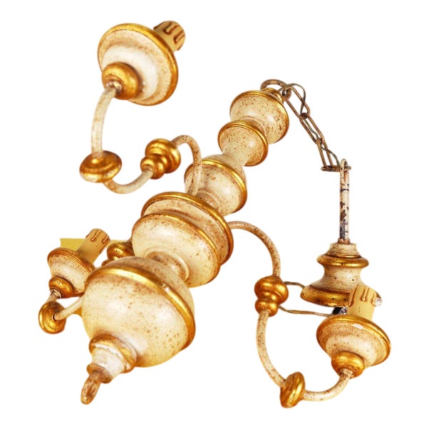 Vintage Wooden Chandelier with Gold Details For Sale