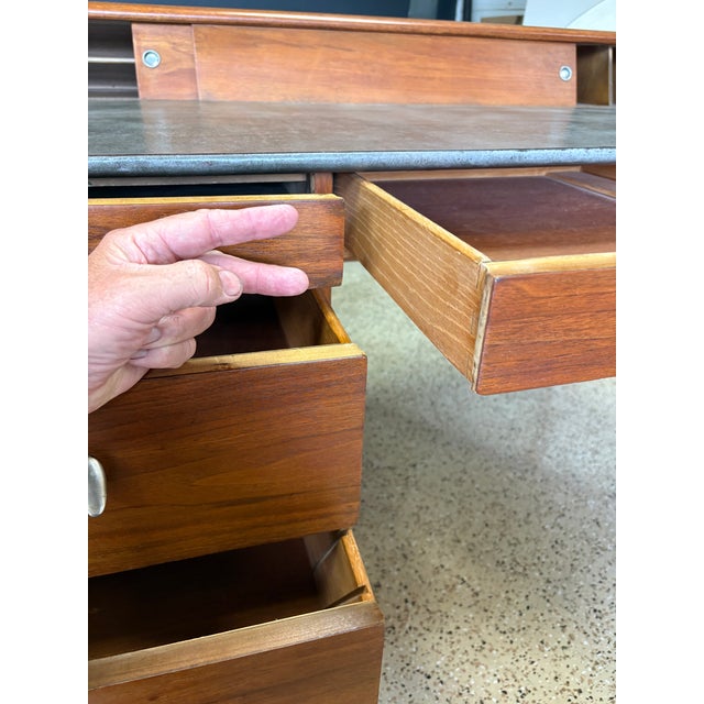 John Van Koert for Drexel Profile Mid Century Leather Top Walnut Desk For Sale - Image 9 of 16