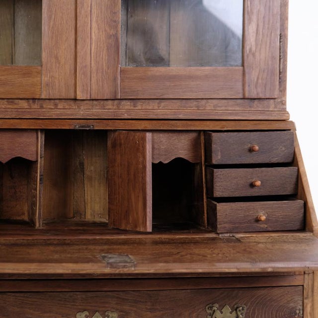 Antique Oak Secretary Desk with Glazed Display Cabinet and Brass Fittings, 1880 For Sale - Image 15 of 17