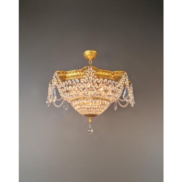Baroque 1900s Baroque Revival Crystal Chandelier Brass Basket Form Restored Historicism For Sale - Image 3 of 13