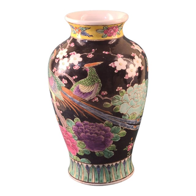 Vintage Asian Hand Painted Colorful Pottery Vase Mystical Good Luck Phoenix Birds Floral. For Sale