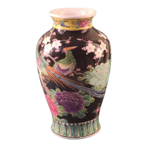 Vintage Asian Hand Painted Colorful Pottery Vase Mystical Good Luck Phoenix Birds Floral.