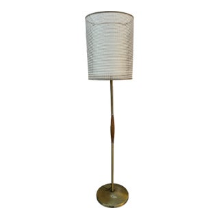 Mid-Century Modern Brass and Wood Floor Lamp With Double Fiberglass Drum Shade For Sale