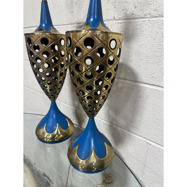 Mid-Century Modern 1960s Tony Paul Style Westwood Industries Brass and Blue Enamel Lamps - A Pair For Sale - Image 3 of 12
