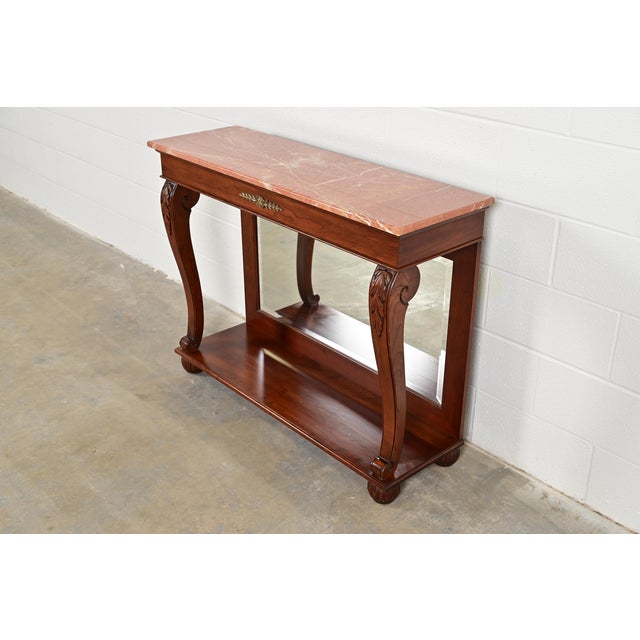 Ethan Allen Ethan Allen French Empire Carved Cherry Wood Marble Top Console Table With Mirrored Back For Sale - Image 4 of 14