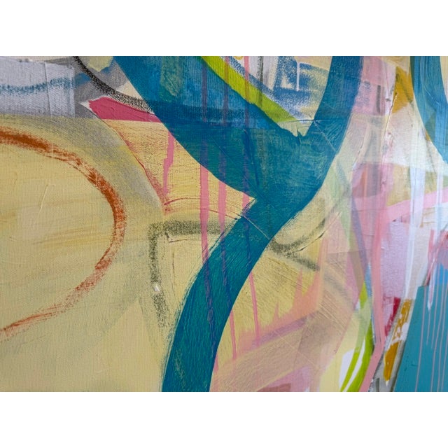 Textile Large Contemporary Abstract Acrylic Painting – Teal, Coral & Yellow Drip Expressionism For Sale - Image 7 of 10