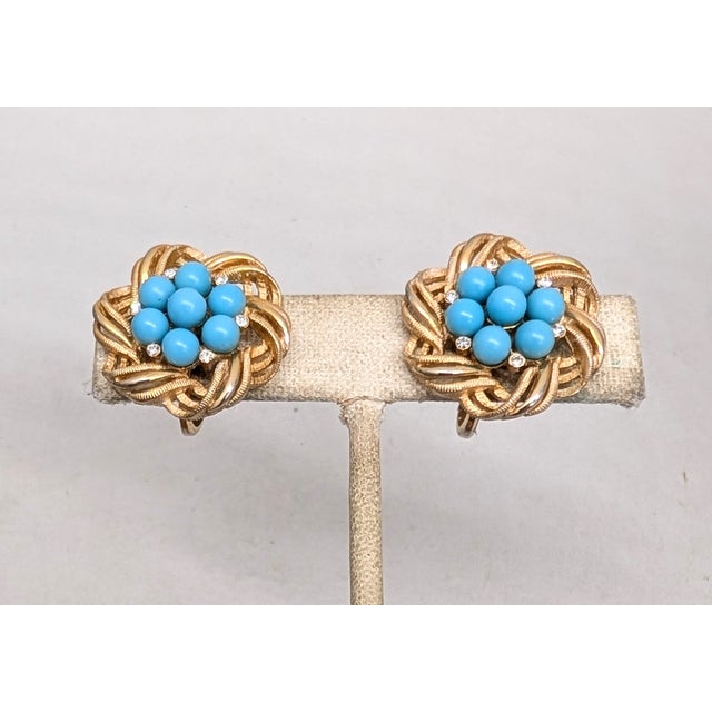 Mid-Century Modern Vintage Signed Crown Trifari Goldtone Cabochon Faux-Turquoise Clip Earrings-2 Pieces For Sale - Image 3 of 7