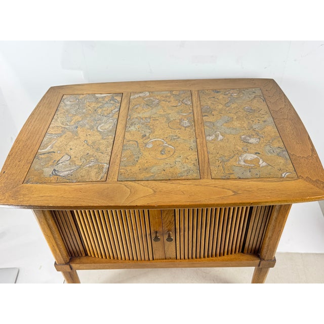 Absolutely beautiful Tambour Style Side cabinet with 2 tambour doors and 3 stone top inserts.