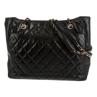 Chanel Quilted Black Caviar Skin Shoulder Bag / Tote, Golden Chain & Hardware For Sale