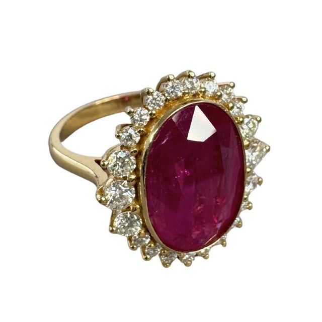 Metal 8.94 CTW Vintage Style No-Heat Burmese Ruby & Diamond Halo Ring 18k Yellow Gold, Size 7 For Sale - Image 7 of 12