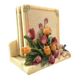 Vintage A. Ribesco Corporation Hand-Painted Tulip Floral Coaster Set With Holder - 4 Pieces For Sale