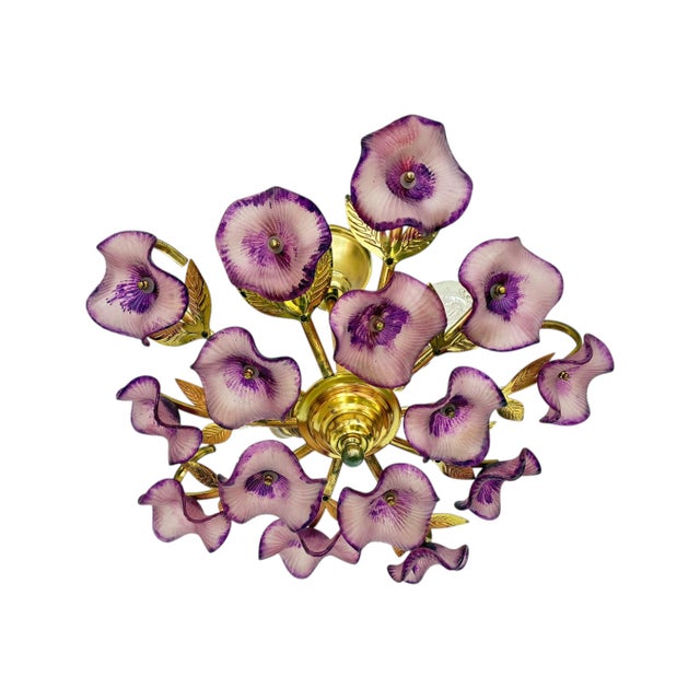 Vintage Hand-Painted Purple Glass Floral Flush Mount Chandelier For Sale - Image 4 of 17
