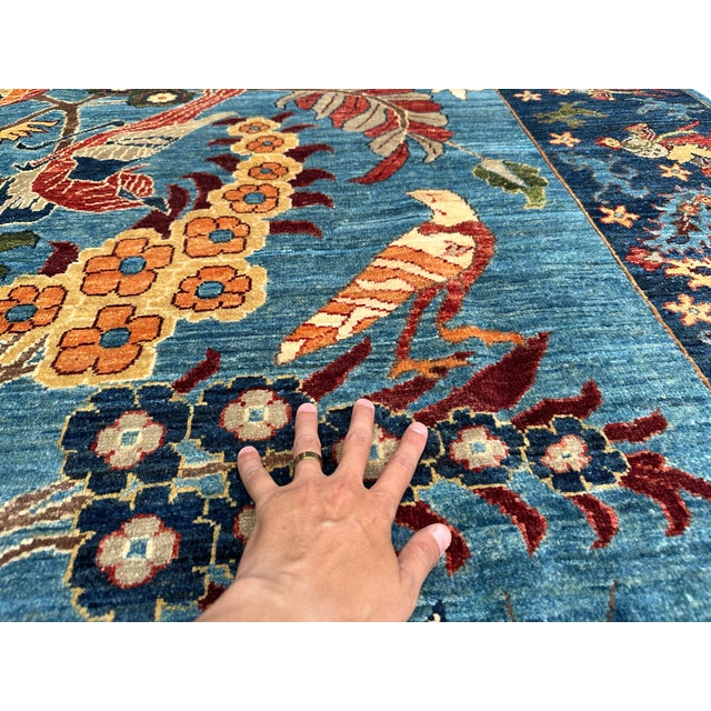 Blue Afghan Pictorial Tree of Life Hand-Knotted Wool Rug - 9'9" X 6'7" For Sale - Image 12 of 17