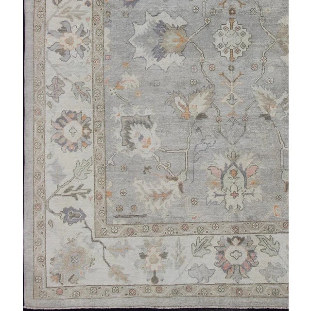 Turkish Oushak rug with neutral color palette and all-over flower design, rug en-176558, country of origin / type: Turkey...
