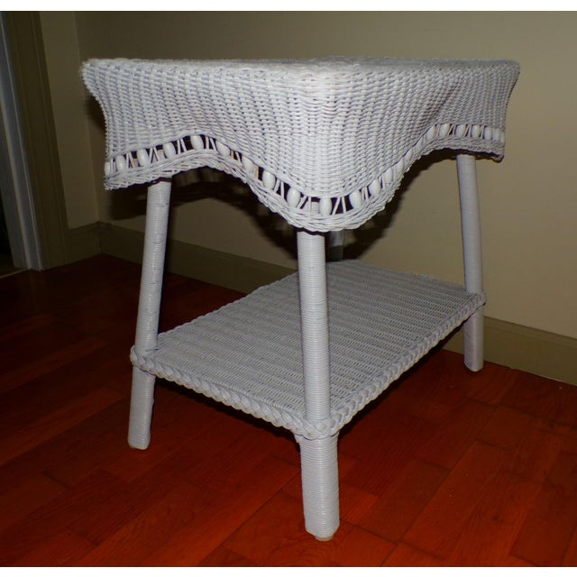 Wood Vintage White Draped Wicker Rattan Sculpted Beaded Coffee Table Plant Stand For Sale - Image 7 of 18
