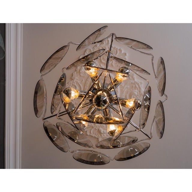 Smoked Glass and Chromed Metal Seven-Light Pendant Chandelier, 1970s For Sale - Image 13 of 18