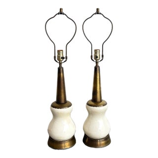1960s Brass/White Ceramic Scallop Lamps Pair For Sale
