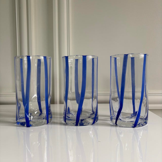 Murano Contemporary Comic Blue Stripe Italian Murano Glass Tumblers - Set of 6 For Sale - Image 4 of 6