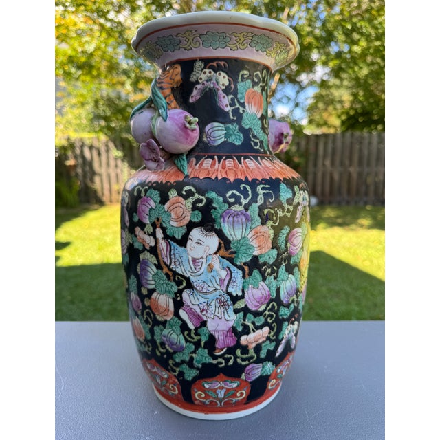 Vintage Chinese Ceramic Vase W/Butterflies, Flowers & Pomegranate Fruit Handles For Sale - Image 11 of 16