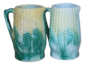 Antique Etruscan Majolica Corn on the Cob Harvest Creamer Pitchers- Set of 2