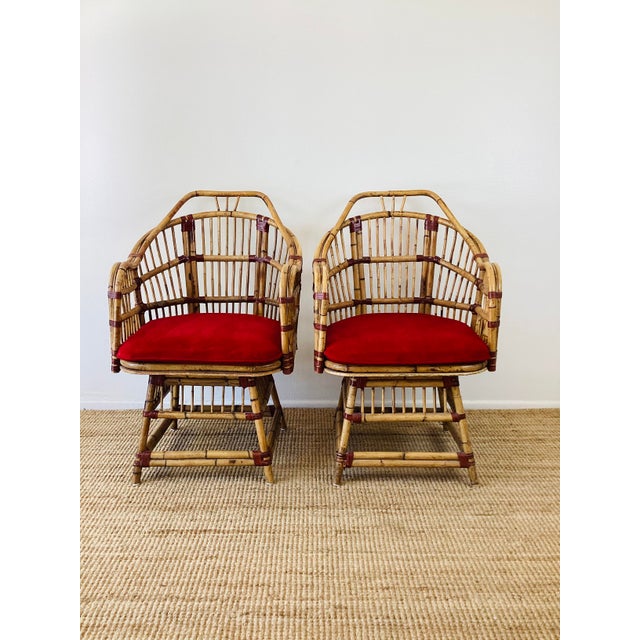 Vintage 1960s Pair of Rattan Chairs made of natural rattan / bamboo leather wrapped joints red seat cushions great vintage...