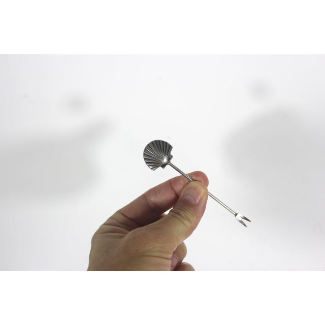 Vintage Silverplated Seashell Cocktail Picks Forks With Holder Set of 9 For Sale - Image 4 of 9