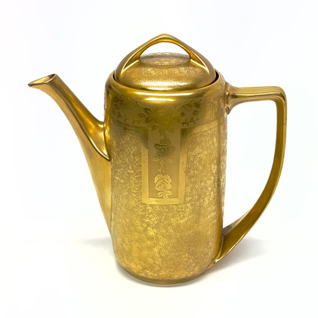 Mid-Century Modern Exquisite Vintage Allover Gold Embellished Porcelain Coffee Pot Signed Nara Hendric 1937 For Sale - Image 3 of 14