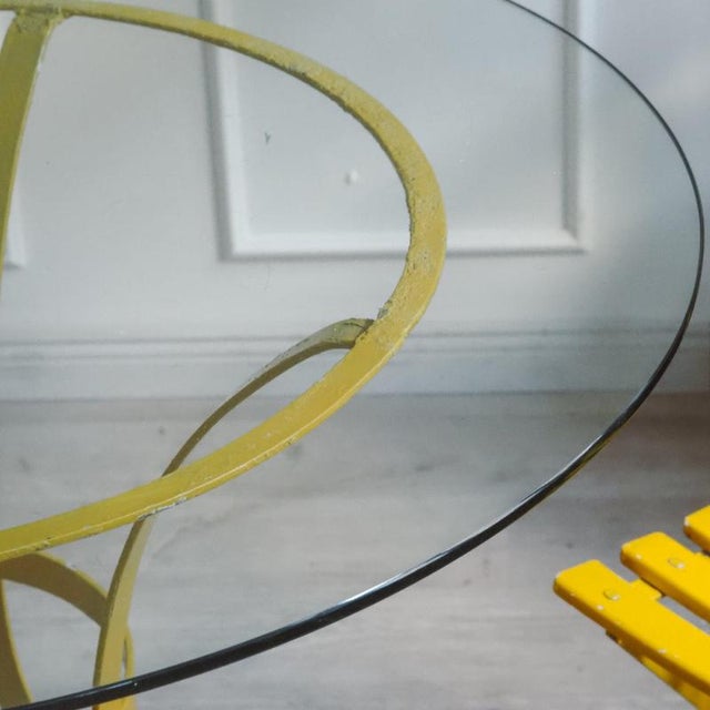 Yellow French Iron and Glass Garden Table with Folding Chairs, 1960, Set of 3 For Sale - Image 8 of 18