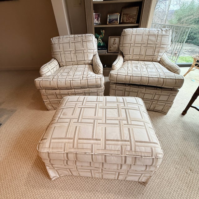 Traditional Pair of Down Filled Club Chairs and Ottoman For Sale - Image 3 of 9
