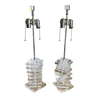 1970s Artist-Signed Sculptural Stacked Lucite Table Lamps, Intentionally Asymmetrical - Pair For Sale