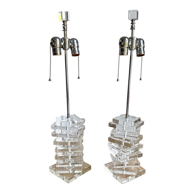 1970s Artist-Signed Sculptural Stacked Lucite Table Lamps, Intentionally Asymmetrical - Pair For Sale